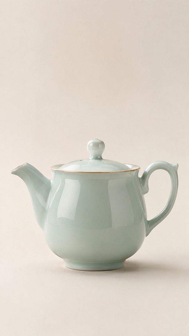[主图-1] 玉青瓷茶壶正视图展示。
[氛围风格] 新中式禅意简约素雅风格，商业陶瓷产品摄影，高级质感
[画质] 商业摄影质感、光线柔和通透、产品清晰真实、画面干净高级
[元素] 玉青瓷茶壶居中展示，正面视角正对镜头，展示完整的正面器型。玉青色温润如玉的青瓷釉面，清晰展示壶嘴、壶盖、把手和整体轮廓。保持茶壶外观、物理结构、材质质感、颜色与参考图绝对一致，杜绝任何变形和色差，精细化处理。茶壶主体占比严格控制在60%-70%之间。纯净浅米灰色背景，突出产品本身，无多余杂物。
[光影] 正面柔和漫射主光，侧面辅光勾勒轮廓，背景干净均匀，高光自然不溢出，青瓷釉面反光自然温润，暗部有层次，无生硬阴影。
[配色] 主色调为玉青瓷浅青绿色，背景为纯净浅米白色，整体干净素雅。
[视角构图] 正视图平视，茶壶居中对称构图，景深较浅，背景虚化突出主体。
[输出要求] 宽度1000像素 高度2000像素，比例1:2，文字清晰可辨，超高清商业摄影质感。
[负向提示词] 变形，文字错乱，产品模糊，背景杂乱，水印，电商平台Logo，多余装饰，文字遮挡主体