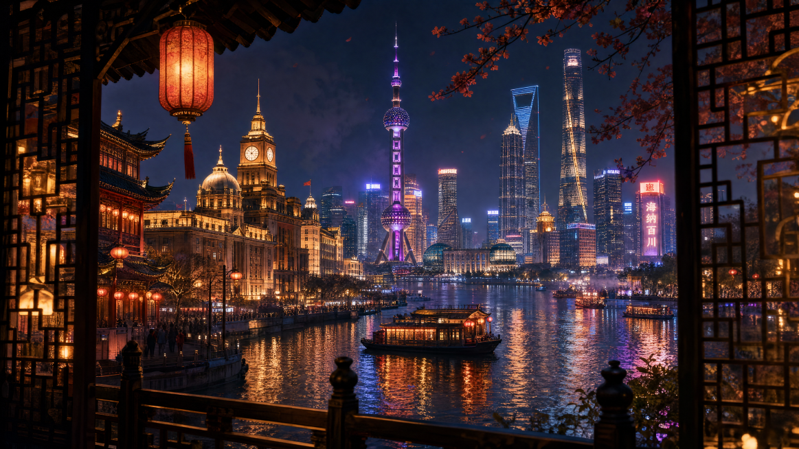 聚焦魔幻都市繁华夜景，遵循中式园林‘框景’与‘借景’构图法则：左侧为飞檐翘角的古建筑群，毗邻外滩经典建筑；黄浦江居中贯穿；色彩融合靛蓝、朱红与鎏金，点缀霓虹紫与暖橙光；光源包括暖色灯笼光、波光粼粼的江预览效果