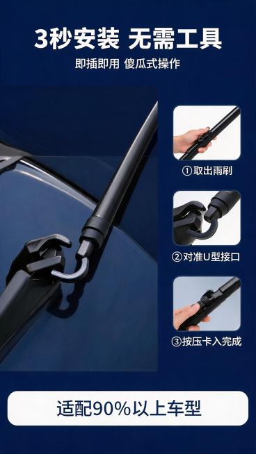 汽车无骨雨刮器安装展示，U型接口即插即用，3秒快速安装无需工具。深蓝色背景，左侧大图展示安装动作（或产品卡入接口特写），右侧三步流程图：第一步"取出雨刮"→第二步"对准U型接口"→第三步"按压卡入完成预览效果