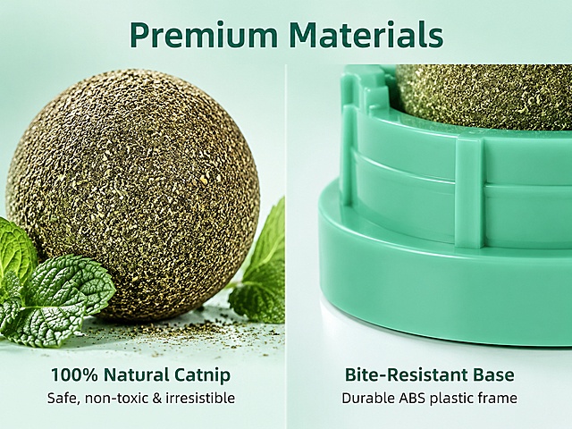 [第5屏] 材质细节-猫薄荷球天然材质与耐咬底座微距特写。本屏使用【图1】作为商品主体。
[氛围/风格] 跨境材质展示风，高清微距，专业质感。
[元素布局] 画面左右分栏，左侧为猫薄荷球微距特写，占比约50%，展示天然猫薄荷颗粒纹理、细密质感，旁边放几片新鲜薄荷叶对比；右侧为底座材质特写，展示塑料底座的光滑表面、加厚边缘、耐咬结构；背景为浅薄荷绿渐变，底部有柔和阴影；两栏中间有细微分割线。产品材质颜色与输入图一致。
[光影质感] 侧光打亮材质纹理，薄荷球颗粒立体感强，底座塑料高光自然，整体清晰锐利。
[配色色系] 全局底色 #E0F2F1 浅青绿渐变；主色深绿 #00796B；辅助色白色、棕色（薄荷球）、浅灰。
[视角构图] 微距特写，左右分栏对比，阅读动线从左至右对比观看。
[文字版式] 顶部标题「Premium Materials」，无衬线粗体居中；左栏下方文字「100% Natural Catnip」+「Safe, non-toxic & irresistible」；右栏下方文字「Bite-Resistant Base」+「Durable ABS plastic frame」；所有文字为英文，清晰可读。
[比例分辨率] 4:3横版比例，4K分辨率，文字清晰可辨，高清画质。
[负向提示词] 材质模糊，纹理不清，产品变形，中文字符，水印，文字错乱，颜色偏差。