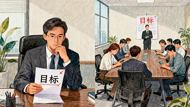帮我生成一张微信公众号文章的插图，内容是：这就是目标管理的终极困境——决策者把目标当成了“自己的事”，团队把目标当成了“老板的事”。