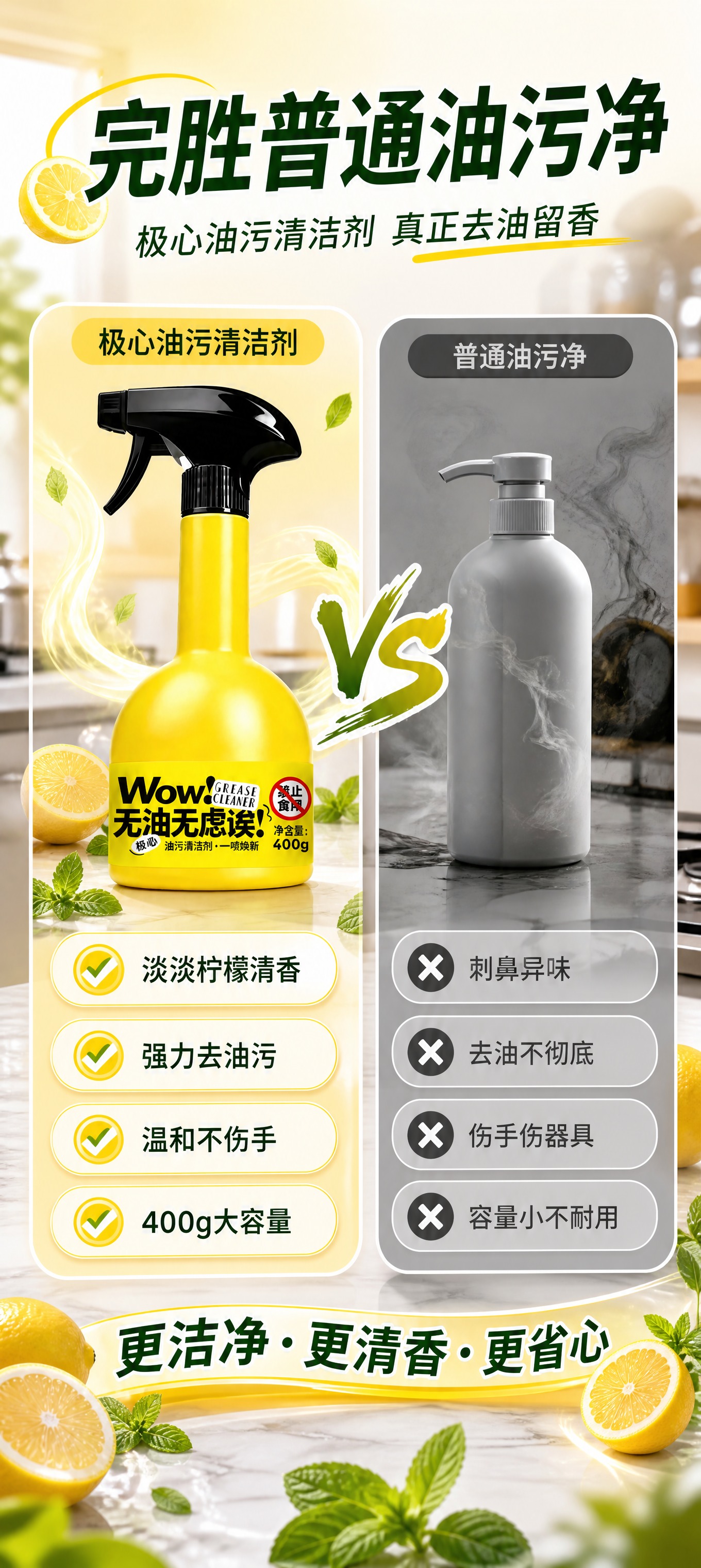 延续上一张清新柠檬风格的油污清洁剂海报设计风格，制作一张左右对… - 图片创意预览