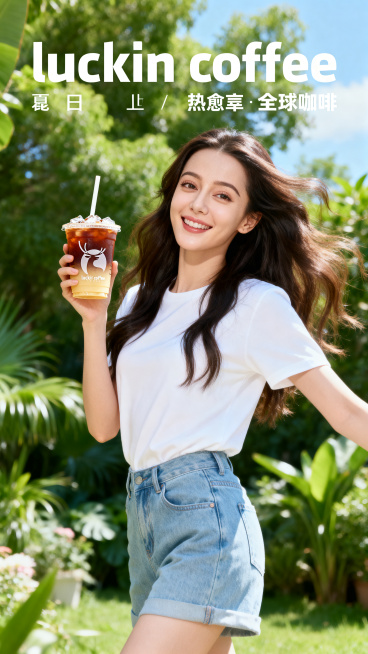 8K超清商业代言海报，电影级质感，高清细腻画质，迪丽热巴身为瑞幸咖啡全球品牌代言人，清甜淡妆灵动元气，笑容明媚治愈，蓬松轻盈秀发，清爽休闲少女风穿搭，简约百搭元气造型，置身阳光满满的清新户外场景，绿植预览效果