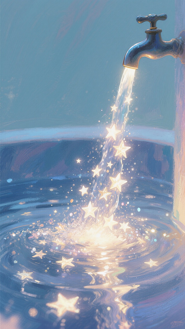 一个水池里的水龙头，水龙头中涌出成千上万只发光的星星，形成一道星星洪流。魔法现实主义，奇幻风，体积光，高对比度，锐利对焦，纯色背景