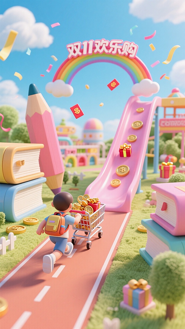 跑道两边是巨大的书本和笔，背着书包的背影拉着装满金币、礼物的购物车朝拱门方向跑去，“双11欢乐购” 彩虹拱门延伸出粉色购物滑梯跑道，空中点缀彩带、红包，背景是蓝天白云下的童趣购物乐园