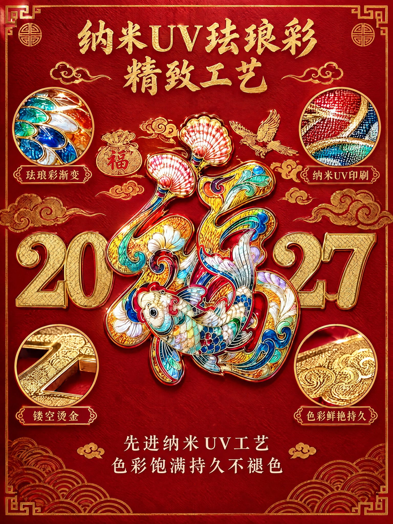 [商品] 使用【福运有余款】台历图，聚焦锦鲤福字珐琅彩工艺部分… - 图片创意预览