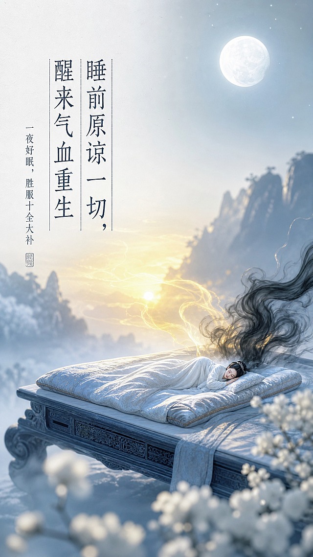 国风新中式工笔画风格，微距摄影效果，强烈光影对比，清新自然冷调（银白、淡蓝、月白），神话般雄奇场景，物品与人物巨大反差。月光下巨大的卧榻如平台般横卧，榻上安睡着一位极小的古装女子，黑色怨气如浓雾从她身上缓缓散去，东方天际晨光初现，金色气血如晨光般复苏升起，静谧安详。左上角大面积留白，留白区域内有宋代刊印风格的竖排文字："睡前原谅一切，醒来气血重生"，下方小字："一夜好眠，胜服十全大补"。字体为仿宋刻本古朴风格。背景虚化，景深明显，主体突出清晰，极简设计，爆款朋友圈图片感。画面比例9:16竖版。