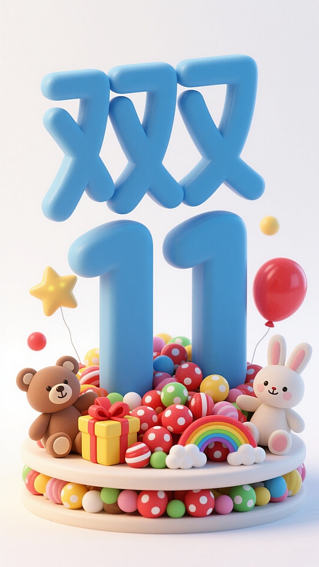 粘土风。白色背景，画面中心是巨大的蓝色立体 数字“双11” 文字立在用糖果堆成的圆台上，周围环绕玩偶小熊、玩偶小兔、黄色带白点的黄色礼物盒、购物车、红色气球，还有星星、彩虹、小圆点等小装饰，整体布局紧凑