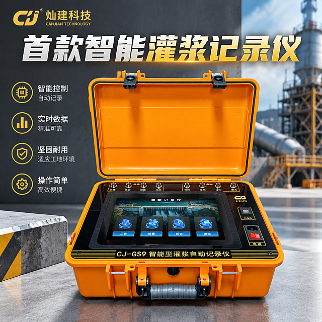 淘宝主图，1:1正方形，智能型灌浆自动记录仪CJ-GS9整体展示，产品放置在简约工业风背景，添加主标题"首款智能灌浆记录仪"，突出产品专业工业仪器定位，清晰展示产品外观和品牌名称，适合天猫电商平台展示