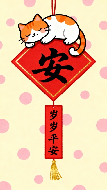 卡通风格插画，米黄色背景点缀粉色圆点，中央是一个红色菱形挂饰，边缘有金色细线描边，菱形上方趴着一只橘白相间的卡通猫咪，猫咪闭着眼睛、尾巴卷曲，姿态慵懒可爱，菱形中间是黑色书法字体“安”，菱形下方悬挂着一个红色长条形卷轴，卷轴上有黑色书法字体“岁岁平安”，卷轴底部有金色流苏，整体色彩明快温馨，充满节日祝福氛围。预览效果