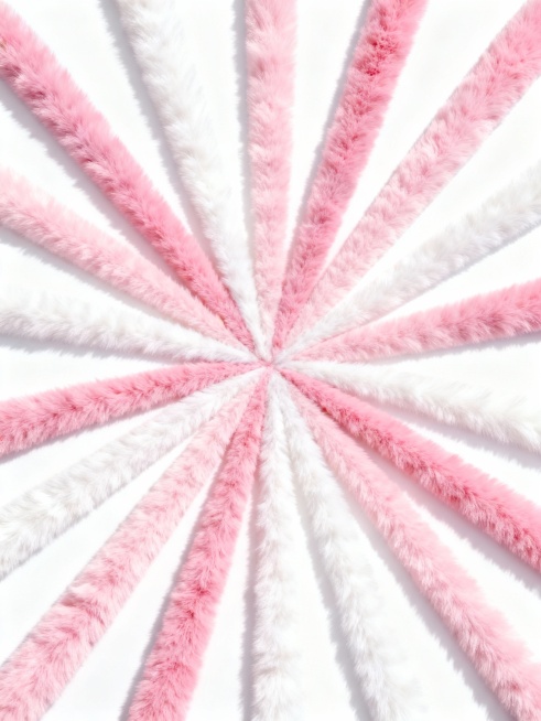 以明亮的白色为背景，中心向外辐射出多条粉色与白色渐变的射线，这些射线具有柔软的毛绒材质感，整体呈现出从中心向外扩散的对称构图，色彩柔和明快，营造出温馨而充满活力的视觉效果。预览效果