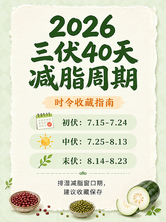 3:4 小红书竖版科普海报，外层浅薄荷绿浅菱形暗纹背景，内层米白色不规则撕纸毛边画布，居中对称排版，上下分层垂直构图。
顶部为超大字号主标题区，主标题文字为“2026三伏40天减脂周期”，使用超大粗体深绿书法感圆润字体，版面视觉核心。
主标题下方加入暖橙色小标签“时令收藏指南”，中等字号暖橙色字体，搭配浅橙色磨砂色块底纹。
中部为三块浅绿圆角文本框，分别写清楚三伏时间：
“初伏：7.15-7.24”
“中伏：7.25-8.13”
“末伏：8.14-8.23”
每个时间框旁边搭配对应小图标：初伏配日历小图标，中伏配太阳小图标，末伏配叶片小图标。
底部科普正文为“排湿减脂窗口期，建议收藏保存”，细体黑色常规字，分行宽松，阅读无压力。
画面边缘点缀少量真实食材小图标，包括赤小豆小图、绿豆小图、冬瓜小图，增加祛湿食疗氛围。
整体国风轻度，贴合三伏体质减脂赛道；手账温柔感，撕纸毛边底、低饱和浅绿底色；干货科普属性，时间表清晰、收藏价值强；简约轻量化，无繁杂特效、无网红花哨贴纸。
内层画布是不规则撕纸、毛边做旧肌理，外层浅绿菱形暗纹打底，增加层次感但不抢主体。
全部文字、食材图片居中对齐，对称排版，阅读舒适；四边大量留白，不会堆满内容，视觉清爽不压抑。
4K超清；文字无扭曲、无笔画错乱、字体完整清晰，所有汉字笔画标准无变形，字号分层规整，排版对齐工整，字体清晰。