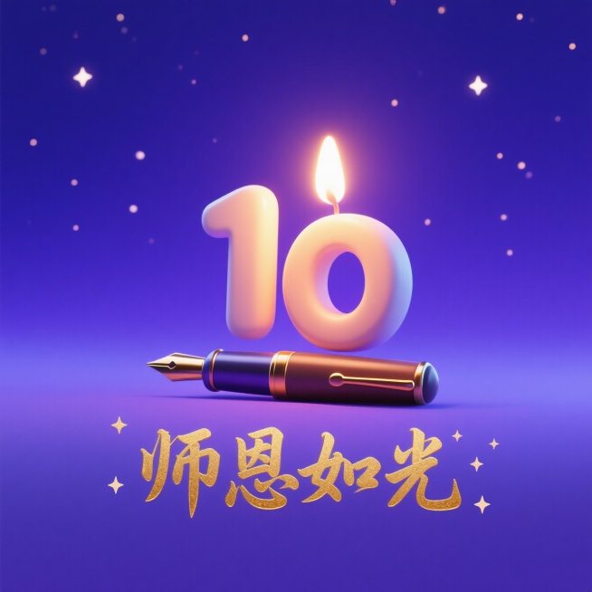 一支正在燃烧的蜡烛，烛火巧妙地变形为数字“10”，温暖的光芒照亮周围。烛身是一支精致的钢笔。背景是深邃而温柔的蓝紫色夜空，星光点点。烫金质感的艺术字体“师恩如光”在蜡烛下方展开，笔画中融入了微小的星辰预览效果