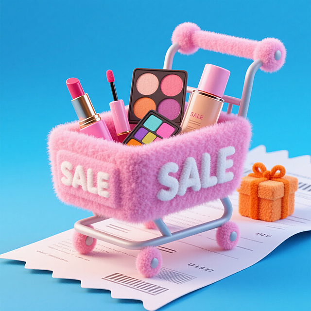 印着“SALE”的粉色购物车，放在巨大的购物小票上，装着口红、腮红盘、眼影盘、粉底液，橙色礼盒，背景为蓝色