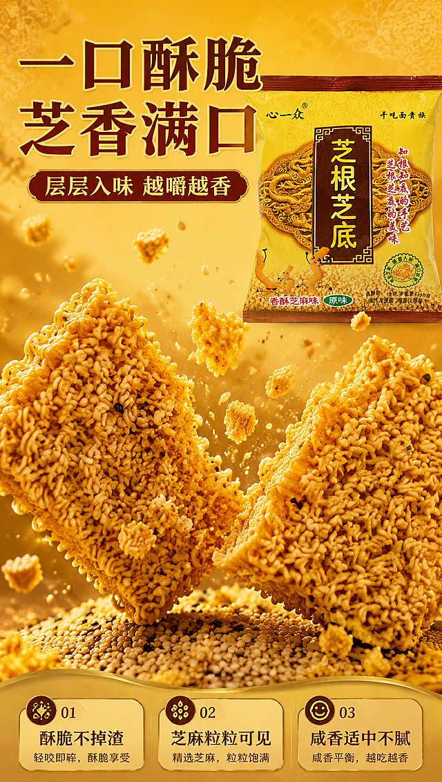 [商品] 使用【图3】心一众芝根芝底香酥芝麻味方便面袋装产品图；保留包装袋所有外观、颜色、Logo与文字；同时展示从袋中倒出的面块与芝麻颗粒，面块为金黄色方形干脆面，表面可见芝麻粒，保留产品真实形态与颜色。
[画面] 目标：口感与质地特写，突出酥脆口感与芝麻颗粒。构图：爆脆动态型，画面中心为掰开的干脆面块，碎屑飞溅，芝麻粒散落周围；产品包装袋位于画面上方约30%区域，做轻微虚化衬托；面块特写占画面约60%，为绝对视觉焦点。前中后景：前景飞溅碎屑、中景面块主体、后景包装袋与暖金背景。
[视觉] 套系策略：风格=国潮暖金食欲商业摄影风；标题字=粗宋+轻描金国潮标题字；正文字=简洁黑体；主色=暖金黄+枣红；背景延展=基于暖金黄做深浅层级、同色渐变和国潮暗纹底纹；强调色=芝麻棕，仅用于小面积图标、引线和标签；标题色=深枣红+金描边；正文色=深暖棕；组件=圆角金底信息卡、细线引线、芝麻粒装饰；光影=左前侧暖柔光，面块酥脆纹理与芝麻颗粒高光清晰。
[文字] 主标题：一口酥脆 芝香满口；副标题：层层入味 越嚼越香；3个口感卖点：①酥脆不掉渣 ②芝麻粒粒可见 ③咸香适中不腻；文字位于画面顶部与底部信息卡，横向排版，不遮挡面块特写主体。
[规格] 图片比例9:16竖版，4K分辨率，京东平台适配，中文简体；负向提示：避免变形、错字、文字过小、冷蓝/蓝灰背景、面块颜色失真、包装文字错乱、极限词。