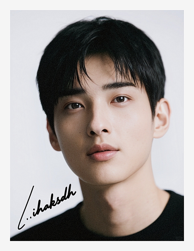 一个帅哥，白色背景，加强明暗对比，强曝光低饱和，画面左下方带有斜侧黑色英文签名体花字“‌‌ihaksdh”