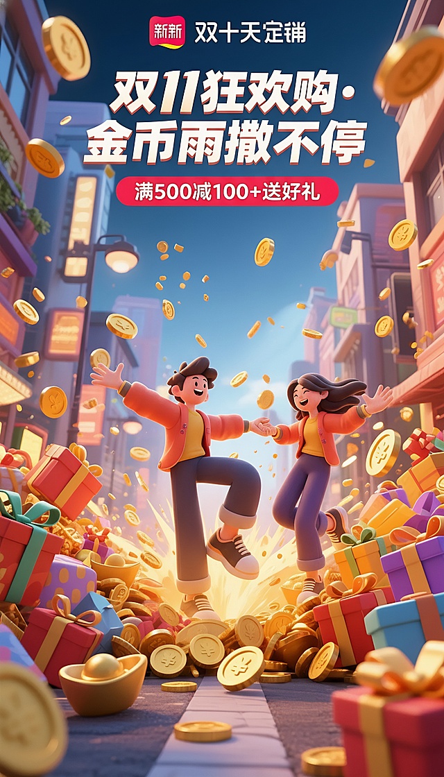 软3D风格融合卡通感，金币雨与礼盒堆叠营造喜庆促销氛围，鎏金风元素强化节日质感，粒子动态增强视觉冲击，传递双11狂欢购物的热烈情绪。