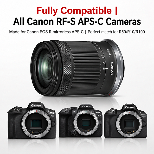 根据佳能RF-S18-150mm F3.5-6.3 IS STM样张产品图生成6张带场景突出产品卖点的速卖通主图，设计一套完整的产品主图，需要每张主图都突出产品的卖点，输出的图片每一屏都必须是1：1 尺寸，简约符合佳能的品牌调性，高转换率，英文文案，文字清晰，如有图标则图标完整清晰，两张带图标，其他三张无图标