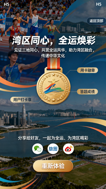 H5结尾总结分享页，全运会精彩瞬间与湾区城市风光融合的动态背景，简约展示用户打卡勋章和答题成绩，居中主标题文字"湾区同心，全运焕彩"，副标题文字"见证三地同心，共赏全运风华，助力湾区融合，传递中华文化预览效果