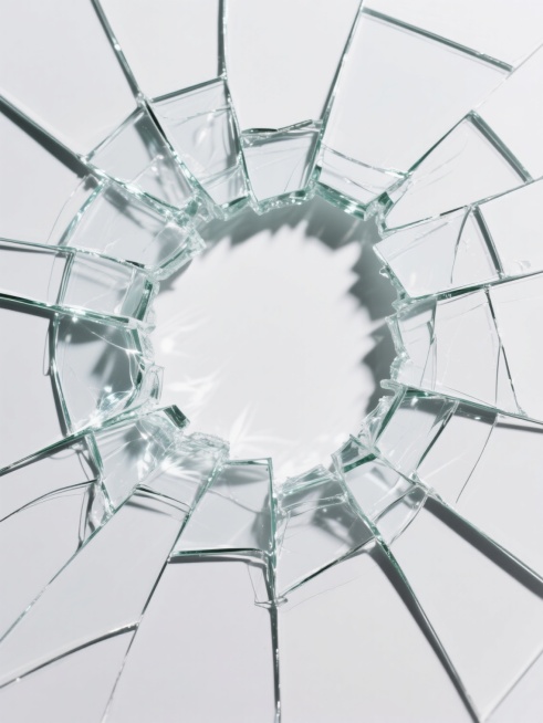 白色纯色背景上的玻璃破碎效果，玻璃呈现透明质感，边缘锐利且带有清晰的反光，破碎裂纹从中心向外呈不规则放射状分布，裂纹线条粗细不一，部分裂纹交汇处形成多边形碎片，整体保持写实的光影效果，中心破碎区域边缘略显毛糙，光线照射下玻璃断面有细微的高光和阴影变化，营造出真实的玻璃破碎瞬间的视觉张力。预览效果