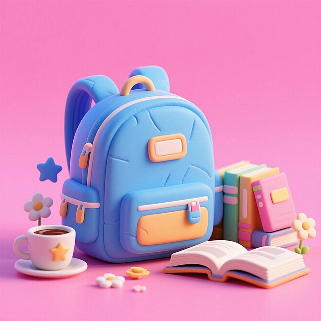 一个蓝色的学生书包，旁边摆放着几本书，其中一本书本摊开，还有咖啡，星星、小花等氛围装饰，撞色，粉色背景