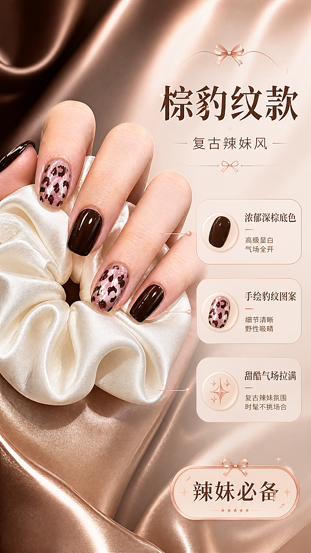 [商品] 使用【图1】棕豹纹款穿戴美甲；保留深棕色纯色+粉棕豹纹图案的配色、甲型、光泽质感和图案细节不变；增强甲面高光质感和豹纹图案清晰度。
[画面] 页面目标：单款详情展示，突出棕豹纹款的复古辣妹风格。构图：左侧为美甲手部特写大图，右侧为文字信息区。主体占比约60%，景别为特写。阅读动线从左到右再向下。前景为白色丝绸发圈道具，中景为佩戴棕豹纹美甲的手部，后景为深棕色渐变+香槟粉绸缎质感背景，营造复古高级氛围。
[视觉] 套系策略：风格=温柔轻奢ins风商业摄影；标题字=优雅衬线粗体；正文字=简洁无衬线体；主色=香槟粉裸色；背景延展=基于香槟粉做深浅渐变、绸缎褶皱质感和柔光效果；强调色=玫瑰金，仅用于小面积图标、引线、标签和装饰线条；标题色=深棕褐色；正文色=暖棕灰色；组件=圆角浅底信息卡、细线引线、蝴蝶结装饰元素；光影=柔和前侧暖光，整体通透亮泽。
[文字] 右侧上方主标题"棕豹纹款"，副标题"复古辣妹风"，下方3个卖点："浓郁深棕底色"、"手绘豹纹图案"、"甜酷气场拉满"。底部加风格标签"辣妹必备"。文字不遮挡美甲主体。
[规格] 图片比例9:16竖版，4K，避免变形、错字、文字过小、美甲图案改变、颜色失真、冷蓝灰背景。