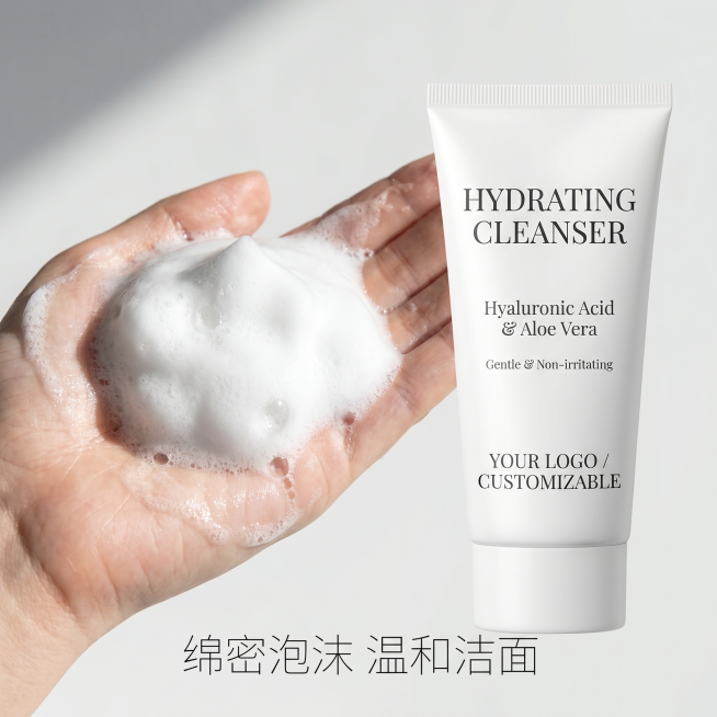 [主图 3] 绵密泡沫质地展示。[氛围风格] 干净水润，真实使用感，生动直观。[画质] 超写实商业微距摄影，细节清晰，质感真实，光线通透。[元素] 洁面乳产品放置在画面右侧，保持原产品外观与输入图片绝预览效果