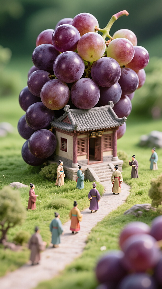 主体是巨大的葡萄做的古代房子，背景是草地，一条迷你路通向葡萄，有唐代百姓小人在路上走，整体盛唐气息。