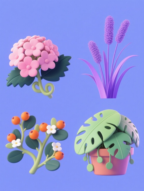 纯色背景上，四个不同的软3D风格植物元素系列素材规整排布，整体采用明亮活泼的蓝紫色调。第一个元素是一簇盛开的粉色绣球花，搭配深绿色锯齿边叶片和卷曲的嫩枝；第二个元素是一株结满橙色浆果的灌木，点缀着小巧的白色五瓣花和椭圆形叶片；第三个元素是一丛挺立的紫色芦苇，细长叶片向四周舒展，顶部带着蓬松的紫色花穗；第四个元素是一盆生长茂盛的龟背竹叶，叶片上有不规则的孔洞，搭配浅绿色的气根和圆形小叶片，所有元……预览效果