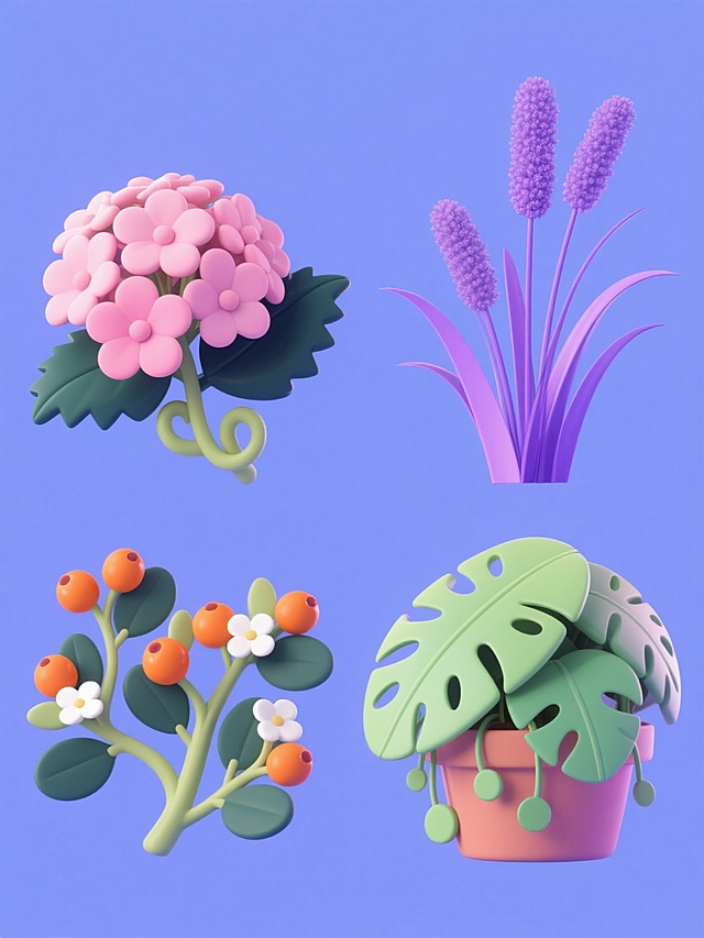 纯色背景上，四个不同的软3D风格植物元素系列素材规整排布，整体采用明亮活泼的蓝紫色调。第一个元素是一簇盛开的粉色绣球花，搭配深绿色锯齿边叶片和卷曲的嫩枝；第二个元素是一株结满橙色浆果的灌木，点缀着小巧的白色五瓣花和椭圆形叶片；第三个元素是一丛挺立的紫色芦苇，细长叶片向四周舒展，顶部带着蓬松的紫色花穗；第四个元素是一盆生长茂盛的龟背竹叶，叶片上有不规则的孔洞，搭配浅绿色的气根和圆形小叶片，所有元素均保持圆润的轮廓、平滑的渐变色彩过渡和轻微的立体阴影效果，整体构图平衡且富有层次感。