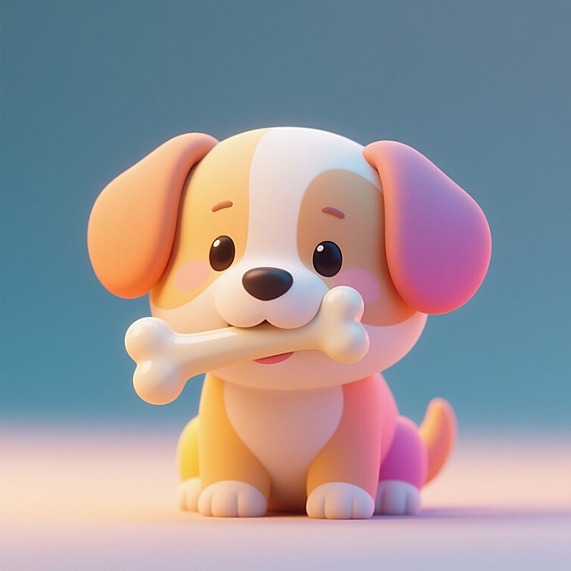 一只可爱的小狗，嘴里叼着一根骨头，整体采用圆润柔和的软3D风格，色彩鲜艳明快，以柔和的渐变色彩为主，光影效果柔和，阴影边缘模糊自然，呈现出温暖治愈的氛围，构图简洁，主体突出，具有卡通化的可爱质感。