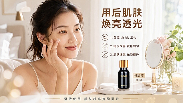 [第5张] 详情页真人效果-亚洲女性面部使用展示肌肤焕亮状态。本张使用【图1】作为产品与模特同框展示。
[氛围/风格] 真实护肤场景风格，自然光感，色彩光亮通透，非黑金奢华，内容丰富有生活感，商业人像摄影质感。
[元素布局] 画面左侧为亚洲女性半身特写，约30岁左右，肌肤透亮有光泽，面带微笑，右手手指轻蘸精华液涂抹于脸颊，呈现使用中状态；右侧梳妆台场景中放置排斑液产品，占比约20%，产品旁有化妆棉、小镜子、绿植装饰；背景为明亮的卧室梳妆台场景，白色窗帘透进自然光，桌面上有香薰蜡烛、花艺摆件；前景有虚化的光斑效果；产品外观与输入图完全一致。
[光影质感] 窗边自然柔光为主光源，人物面部光线均匀透亮，肌肤有自然光泽，产品瓶身有窗边反光，整体温暖明亮，层次丰富。
[配色色系] 全局底色暖白自然光色调 #FFF8F0 到 #FFEEDD；主色暖棕 #8B6F5C；辅助色金色 #D4AF6A、淡粉色、白色。
[视角构图] 正面微侧，人物左产品右的平衡构图，阅读动线人物使用状态 → 右侧产品 → 底部功效说明。
[文字版式] 右上主标题「用后肌肤 焕亮透光」，暖棕色粗体；下方三条编号效果说明：「1. 色斑 visibly 淡化」「2. 暗沉改善 肤色均匀」「3. 肌肤细腻 光泽提升」，配小图标；产品旁标注「排斑液 10ml」；底部小字「坚持使用 肌肤状态持续提升」。文字清晰，不遮挡人物面部和产品。
[比例分辨率] 16:9横版比例，4K分辨率，文字清晰可辨，高清画质。
[负向提示词] 黑金奢华风格，人物变形，产品变形，医疗化前后对比，夸大效果，水印，文字过小，背景模板与前四张重复，优惠信息。