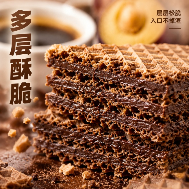 [主图-3] 西梅黑咖威化蛋白棒口感细节特写。保持产品外观与输入产品图一致，不变形无色差。氛围风格：放大酥脆层次感，激发食欲。画质：微距特写商业摄影，纹理清晰超高清。元素：特写威化蛋白棒横切面，展示多预览效果