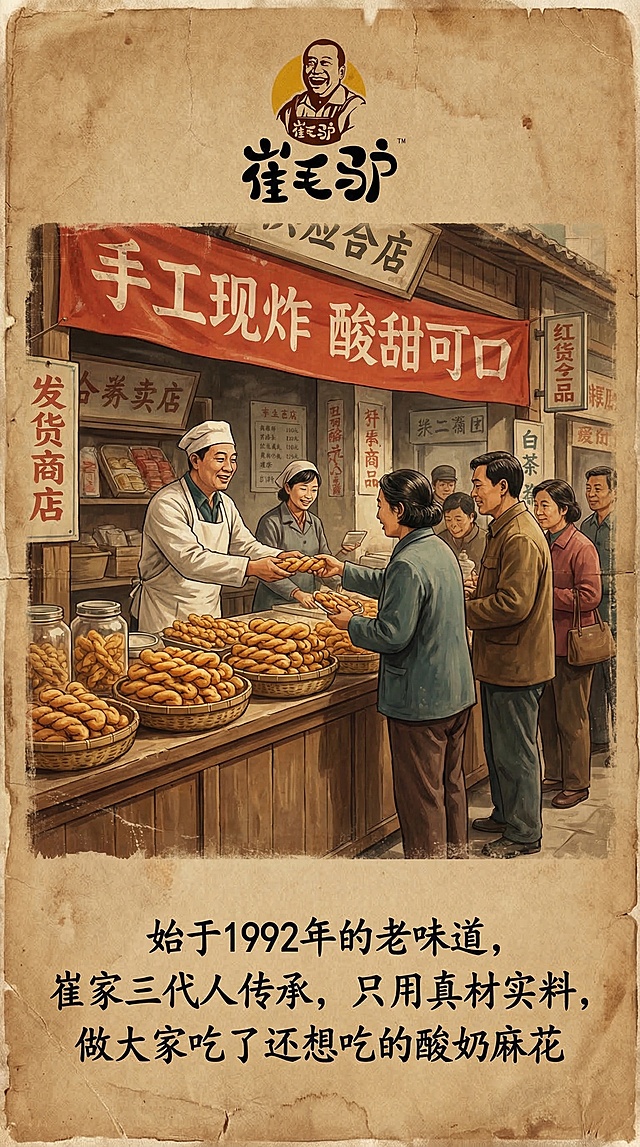 崔毛驴酸奶麻花店铺装修海报，顶部放置给定的崔毛驴logo，复古怀旧海报风，做旧牛皮纸底色，画面是80年代供销社风格的麻花售卖场景，贴着“手工现炸 酸甜可口”的旧海报，顾客排着队买麻花，下方配品牌故事："始于1992年的老味道，崔家三代人传承，只用真材实料，做大家吃了还想吃的酸奶麻花"，充满年代感，温暖亲切