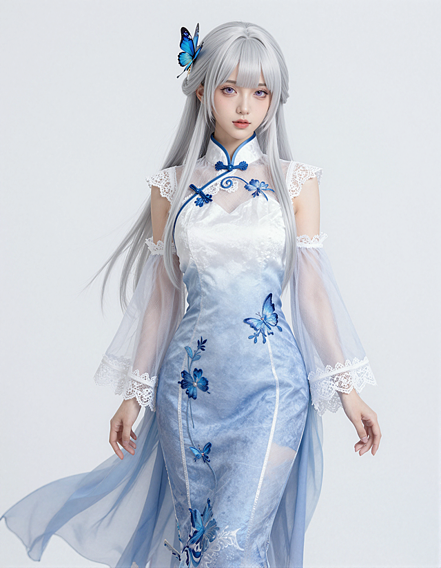 顶级画质，超精细，单人美少女，银白色长发，齐刘海，浅紫色眼眸，白皙皮肤，精致五官，额间小饰，左侧发间蓝色蝴蝶发饰，站立姿态，全身像，白蓝渐变薄纱旗袍，精致蓝色花卉刺绣，蕾丝滚边，立领设计，半透明网纱袖，修身版型，柔和光影，空灵仙气氛围，古风仙侠风格，数字绘画，无背景，纯白背景