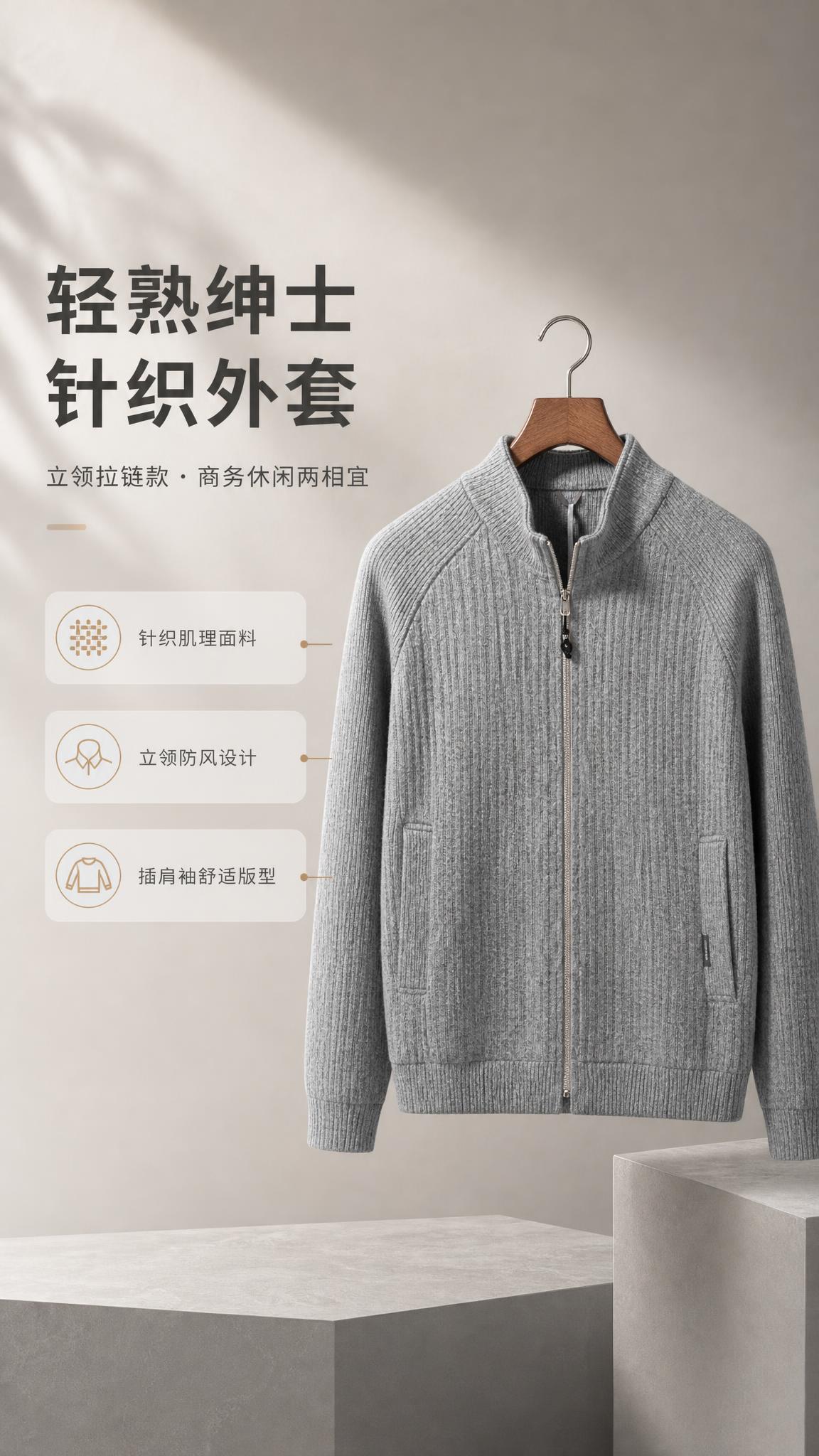 [商品] 使用【图1】男士灰色立领针织拉链开衫外套；商品处理：… - 图片创意预览