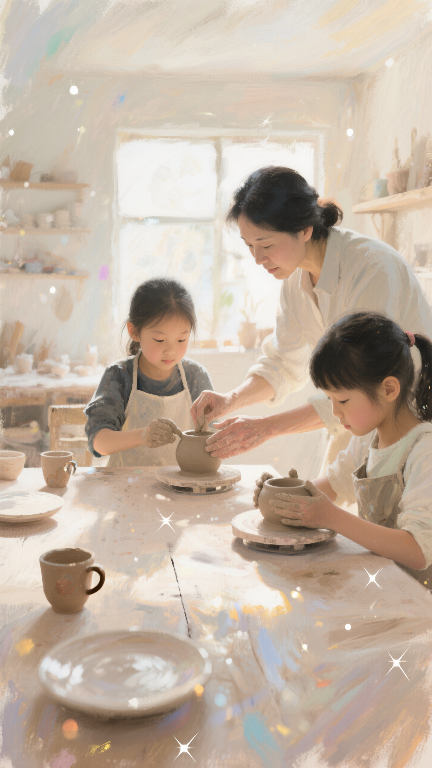 米白色暖光背景，室内手工坊场景，老师手把手教学生制作陶艺，学生… - 图片创意预览
