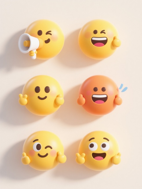 3D渲染风格的emoji表情集合，采用圆润饱满的造型，光滑细腻的塑胶质感，明亮柔和的光源从左上方照射，形成轻微的高光和自然阴影，主色调为黄色，搭配白色喇叭等辅助色，整体呈现出可爱、活泼、卡通的氛围。画面中包含6个不同配色、不同样式、不同神态的emoji表情元素，它们以上下两行对齐排列在浅色背景上，每个emoji都有独特的面部表情和动作特征，表情生动形象，细节丰富，具有清晰的视觉层级和信息传达效……预览效果