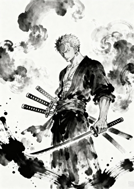 根据图片的墨水风格，画海贼王中人物“索隆”预览效果