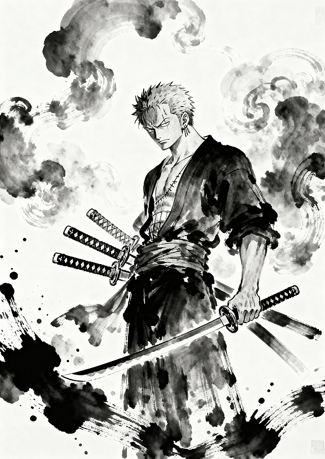 根据图片的墨水风格，画海贼王中人物“索隆”