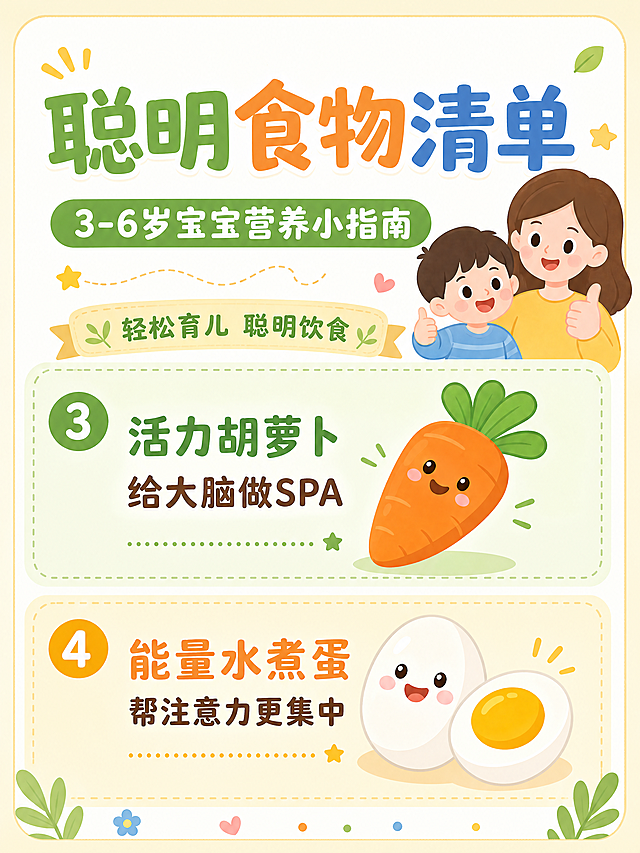 「图片1」生成第二张：3. 反应慢半拍？来根 “活力胡萝卜”
胡萝卜里的 β- 胡萝卜素，能在宝宝身体里变成维生素 A，加上 B 族维生素一起，像给大脑做了温柔的 “SPA”。不管是蒸熟了啃，还是做成胡萝卜泥、炒鸡蛋，清爽又醒神～
4. 注意力不集中？每天 1 个 “能量水煮蛋”
鸡蛋黄里的卵磷脂，是大脑传递信息的 “小信使” 原料，缺了它宝宝上课就容易走神。每天 1 个水煮蛋，比喝饮料更稳当，还不容易心慌，宝宝也爱吃～