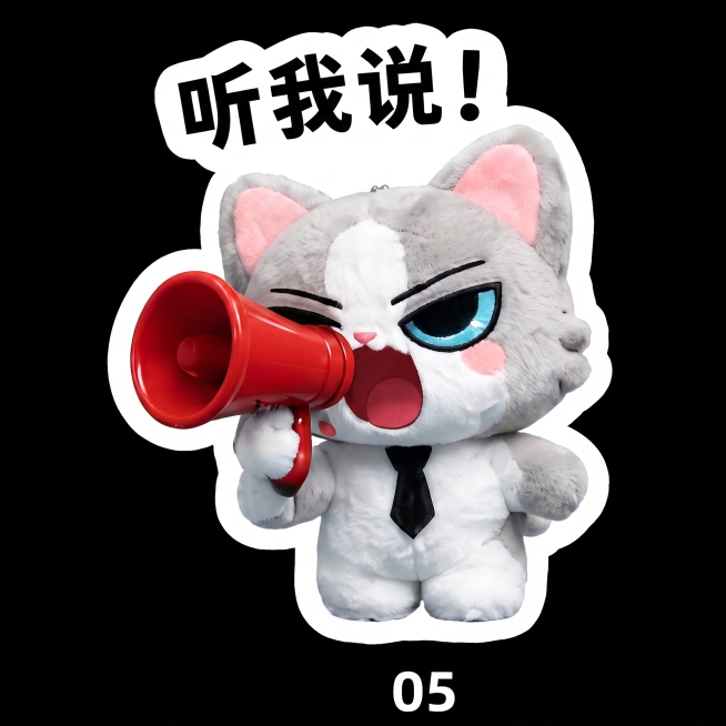 裁剪并提取出编号05的猫咪表情包，保留完整的猫咪和文字，背景保持黑色，只保留05这一个猫咪贴纸预览效果