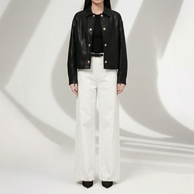 保持图中人物的黑色皮衣、黑色内搭、白色阔腿牛仔裤和黑色尖头鞋不变，生成正面角度的穿搭展示图，背景为同款光影白背景，图片比例1:1预览效果