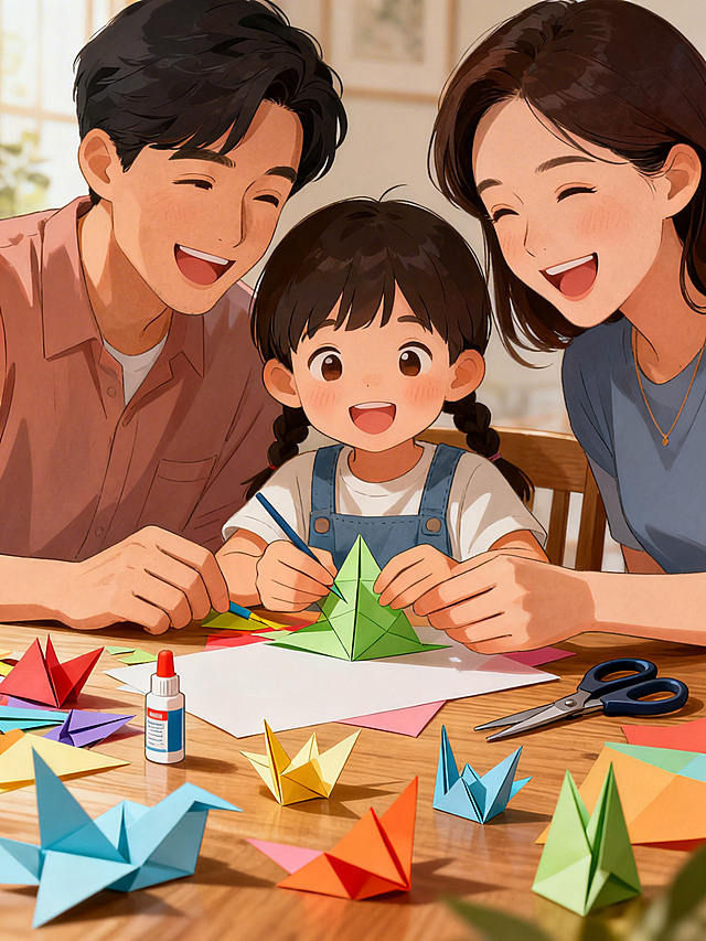 孩子和父母一起围坐在桌前折纸，笑容灿烂，桌上摆满半成品和工具，风格是温馨插画风格，比例是3:4