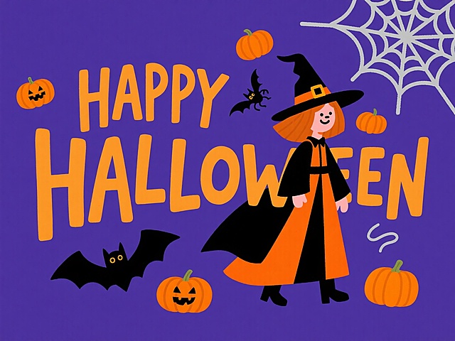 “HAPPY HALLOWEEN” 艺术字，上方有戴巫师帽的女巫形象，周围搭配小南瓜、蝙蝠、蜘蛛网等元素，色彩以橙黑为主，背景为深紫色，复古卡通风格