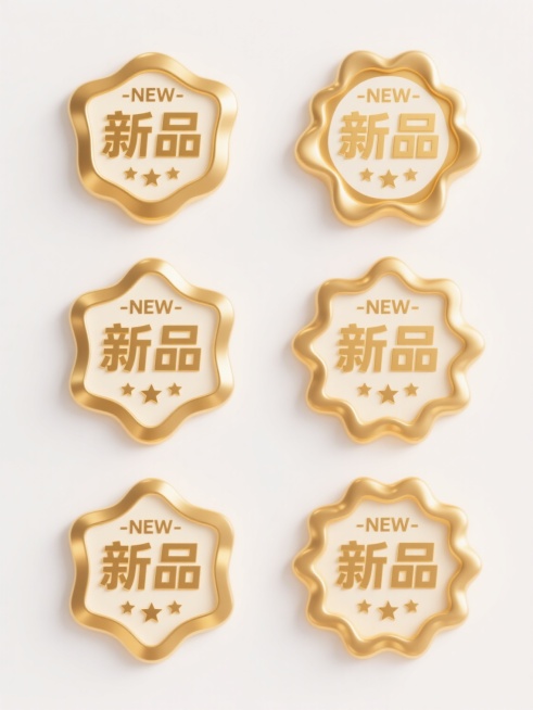 一套6个造型完全不同的金色新品徽章系列素材集合，每个徽章均保持相同的3D立体质感、金色渐变（从浅金到深金，带有高光和阴影细节）、波浪形边缘轮廓、内部米白色底色、中央金色“新品”汉字、上方“-NEW-”字样以及底部三颗五角星的核心元素内容，6个徽章以规整的网格状排布在纯白色纯色背景上，整体风格统一且符合原图的数字艺术设计感。预览效果
