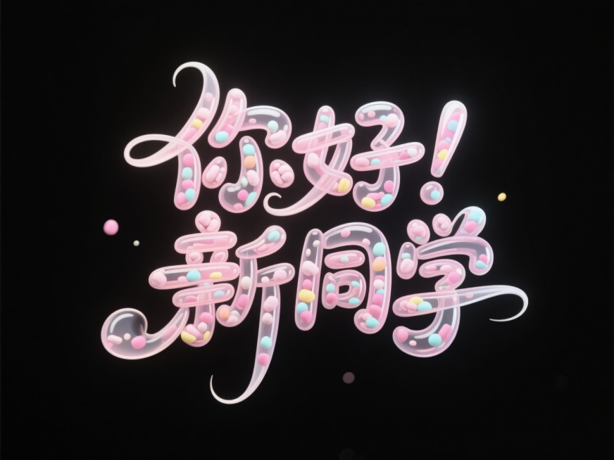 “你好！新同学”，立体泡泡字体设计，3D立体效果，软边缘处理，粉彩棉花糖材质表面覆水光膜，字体透明，内部填充跳跳糖颗粒，UE5渲染，完美细节，干净纯黑色背景，排版简洁大气，视觉效果梦幻甜美，浪漫氛围，预览效果