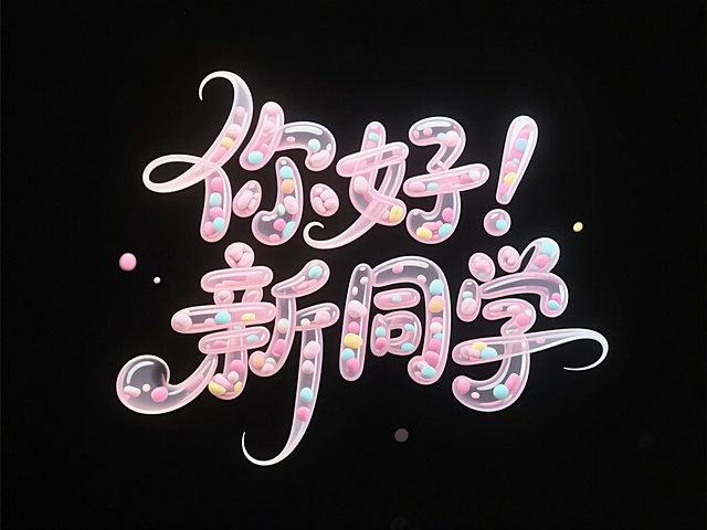 “你好！新同学”，立体泡泡字体设计，3D立体效果，软边缘处理，粉彩棉花糖材质表面覆水光膜，字体透明，内部填充跳跳糖颗粒，UE5渲染，完美细节，干净纯黑色背景，排版简洁大气，视觉效果梦幻甜美，浪漫氛围，高级感，杰作
