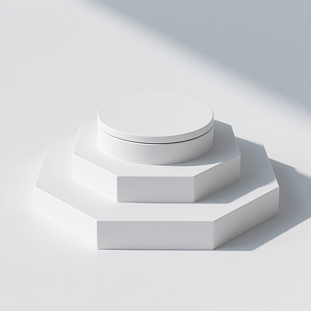 3D渲染的白色立体展示台，整体为极简主义风格，纯白色哑光材质，具有柔和的漫反射光影效果，阴影自然过渡且边缘清晰。底部为宽大的方形基座，中部是稍窄的六边形平台，顶部为圆形展示面，三层结构堆叠形成稳定的阶梯状造型，各层边缘线条光滑圆润，无任何装饰纹理。背景为纯白色，干净整洁，无其他元素干扰，整体画面呈现出专业、现代的产品展示氛围，光线从左上方45度角柔和照射，在展示台右侧形成浅灰色投影，增强立体感与空间层次。