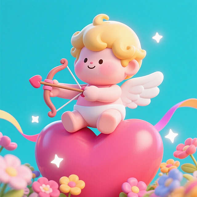 软3D风卡通小天使，梦幻可爱，超现实主义设计，情人节主题。
